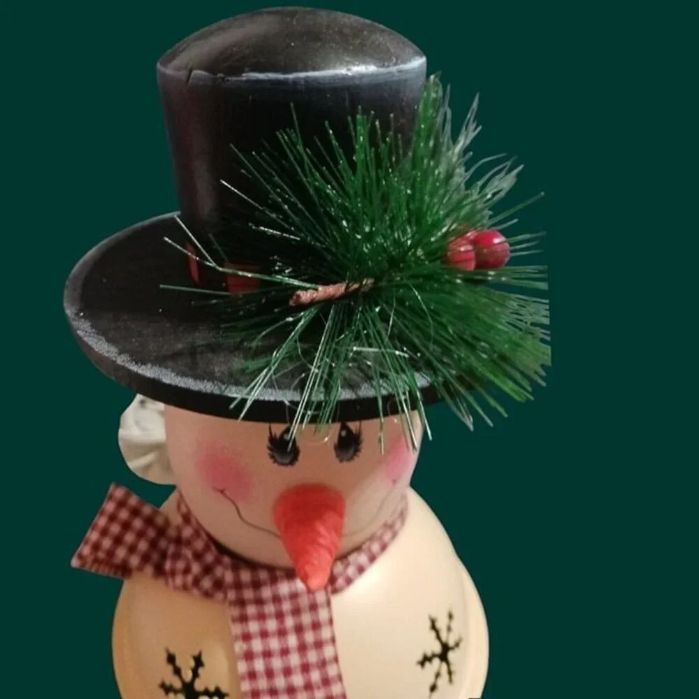 Snowman decorative table  lamp with red plaid scarf & black hat
